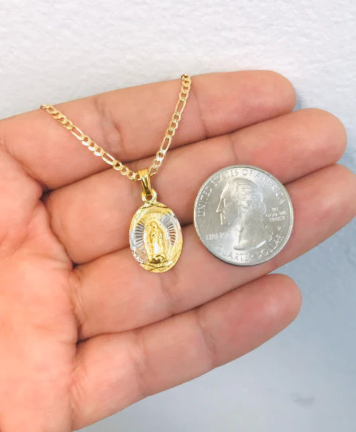 14K Gold Filled Virgen De Guadalupe Necklace Figaro Chain 20" E547