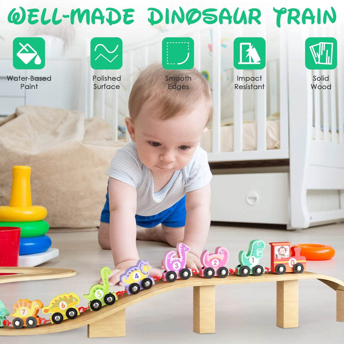 Wooden Dinosaur Train Car with Numbers, 11 Pieces Educational Montessori Toys Z420