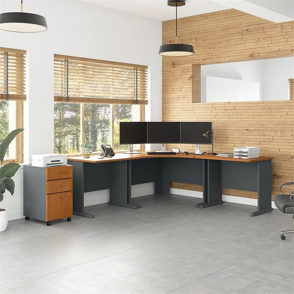 84" Engineered Wood L Desk and File Cabinet in Cherry N9356