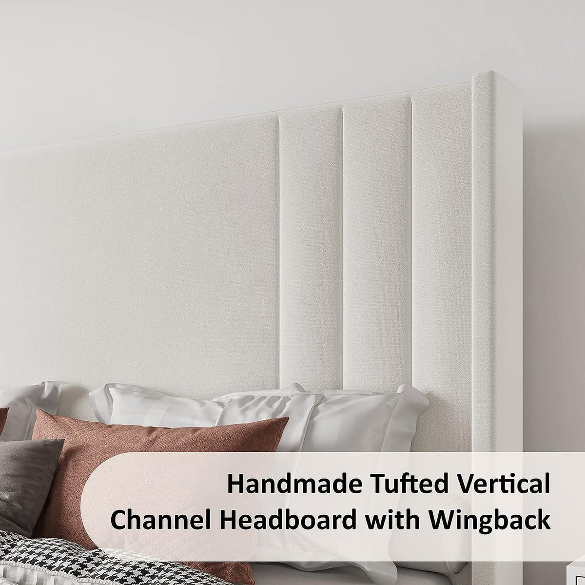 Queen Platform Bed Frame with Vertical Channel, Cream E34464