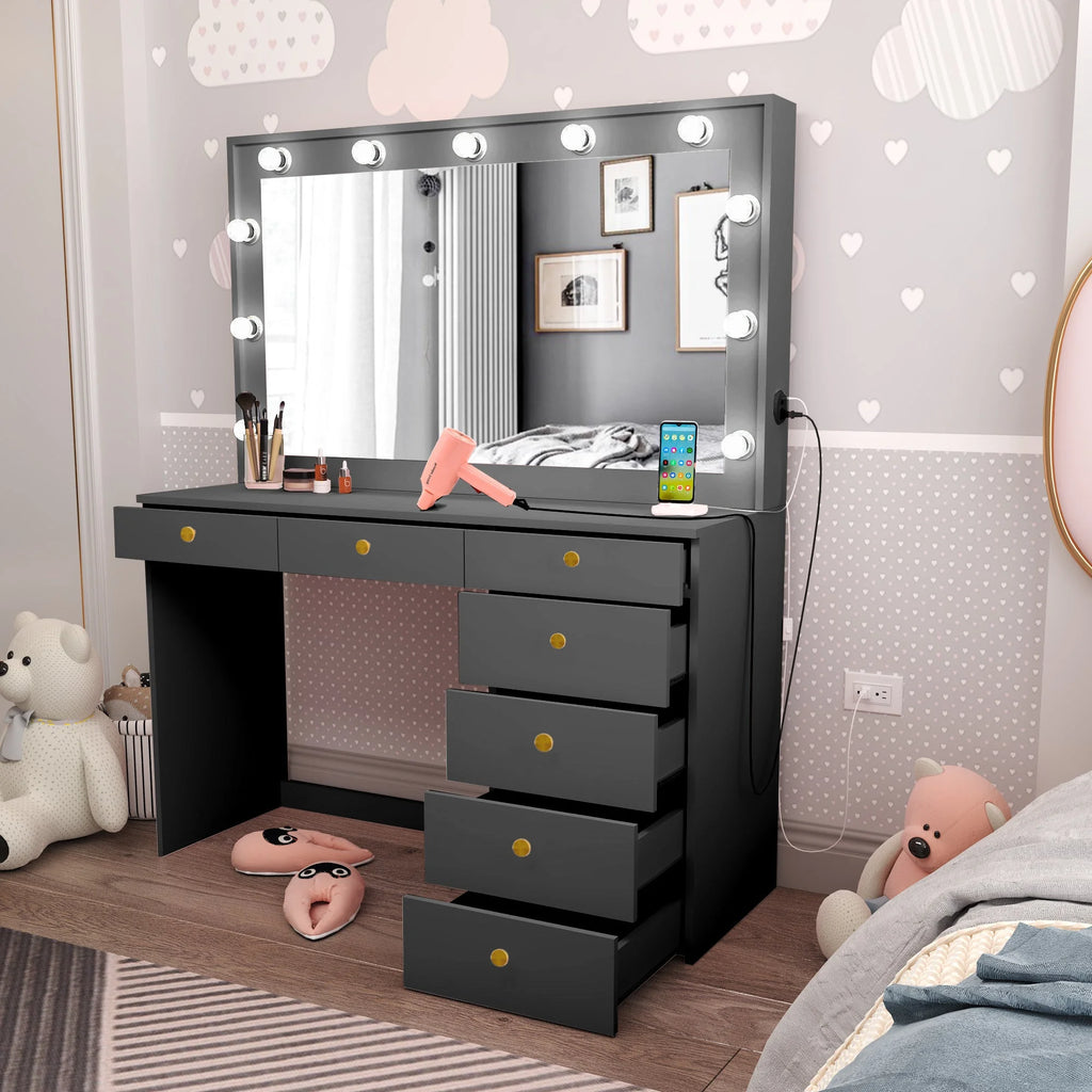Black Painted Makeup Vanity Table with Light Bulbs H757