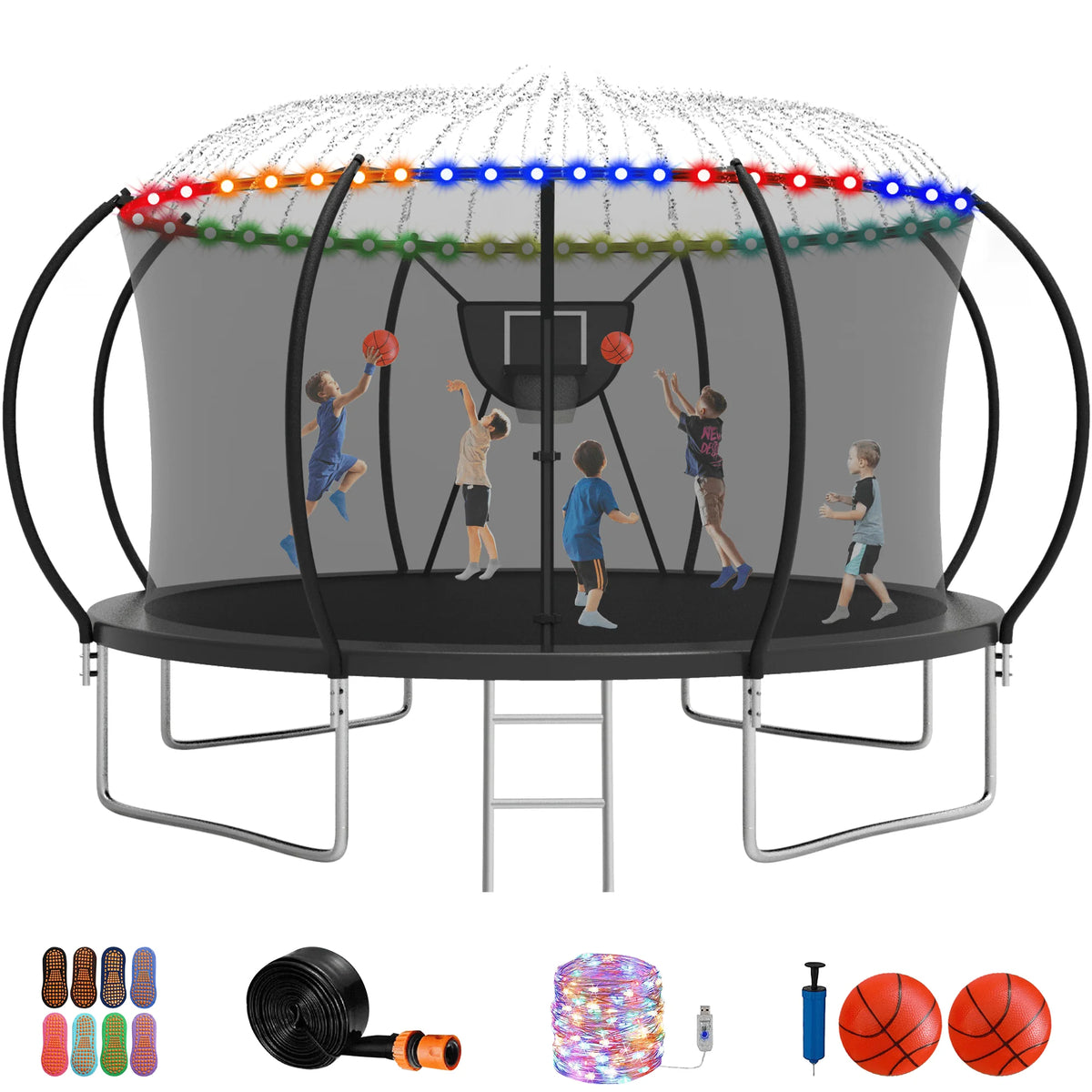 12FT 14FT Trampoline with Enclosure, Basketball Hoop, LED Light and Sprinkler L690
