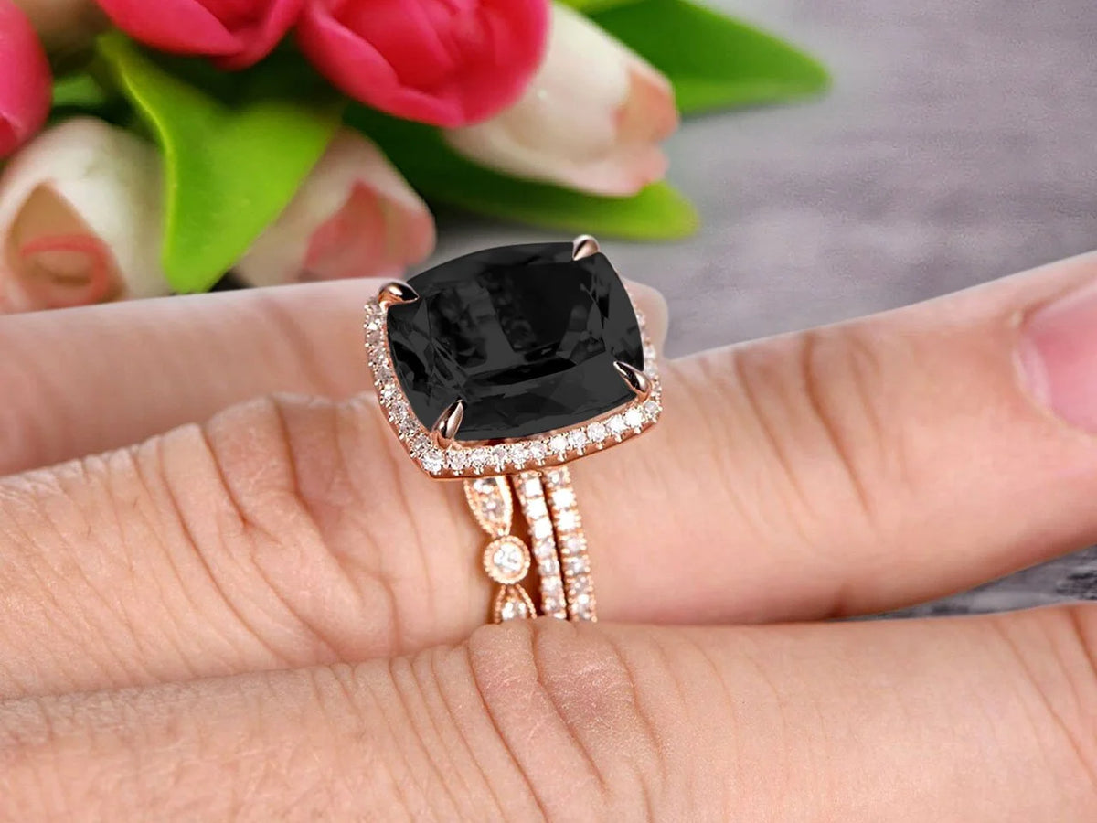 3 Carat Cushion Cut Black Diamond Moissanite Trio Set Ring On 10k Rose Gold K24820