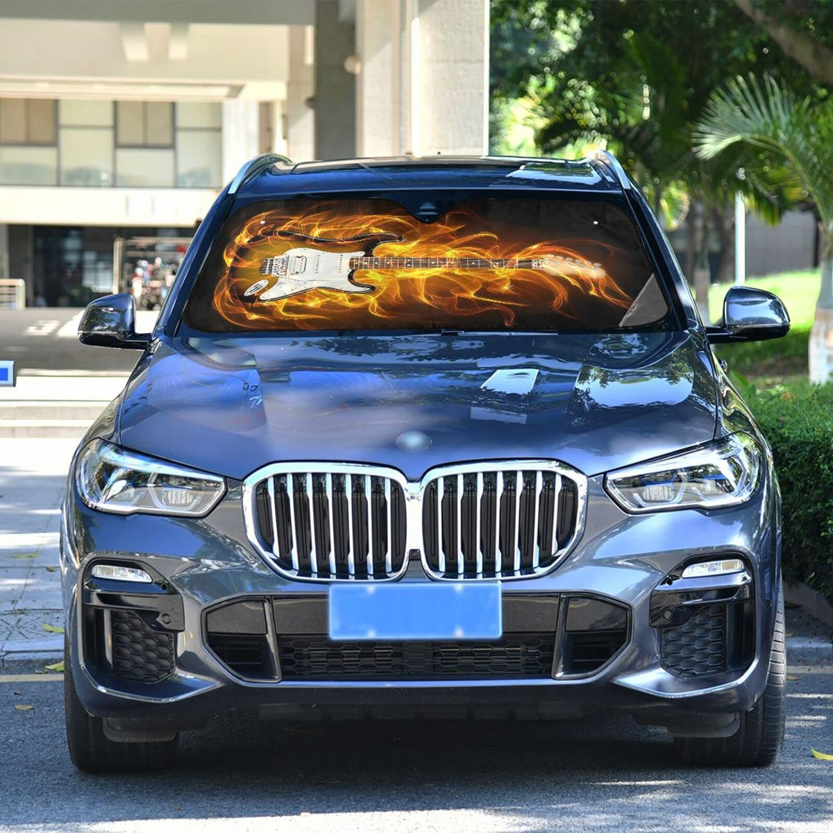Electric Guitar Fire and Flames Car Windshield Sun Shade, Foldable Visor Protector, 55×27.6in E692405