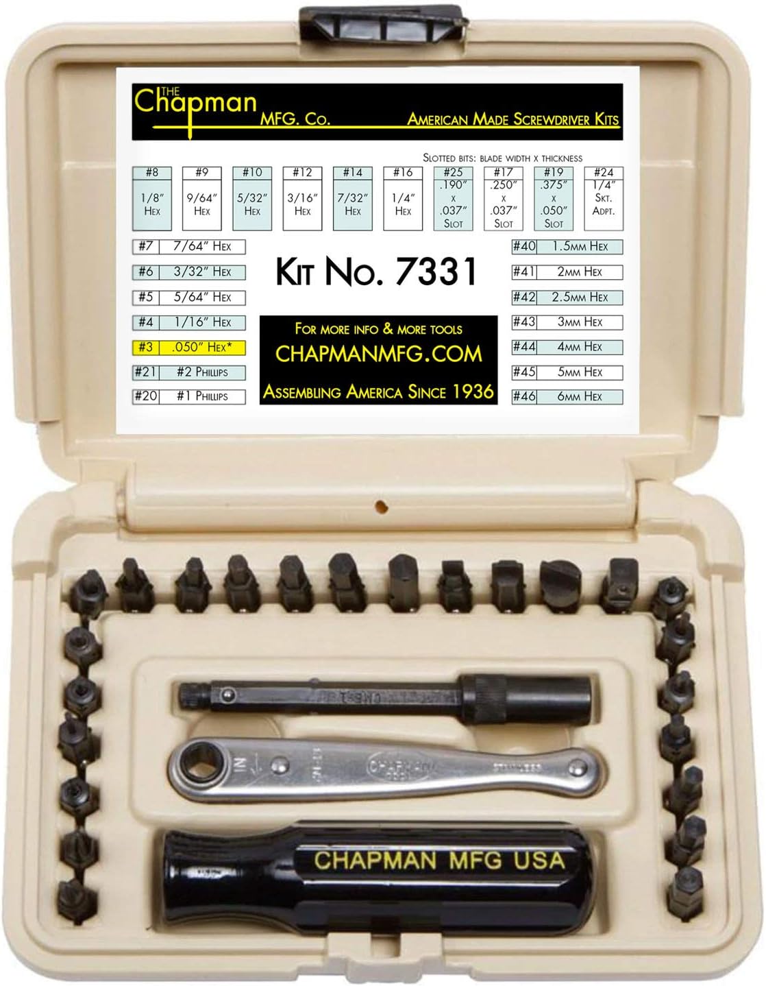 24 USA Made Insert Bits Screwdriver Set with Mini Ratchet Hand Tool J8447