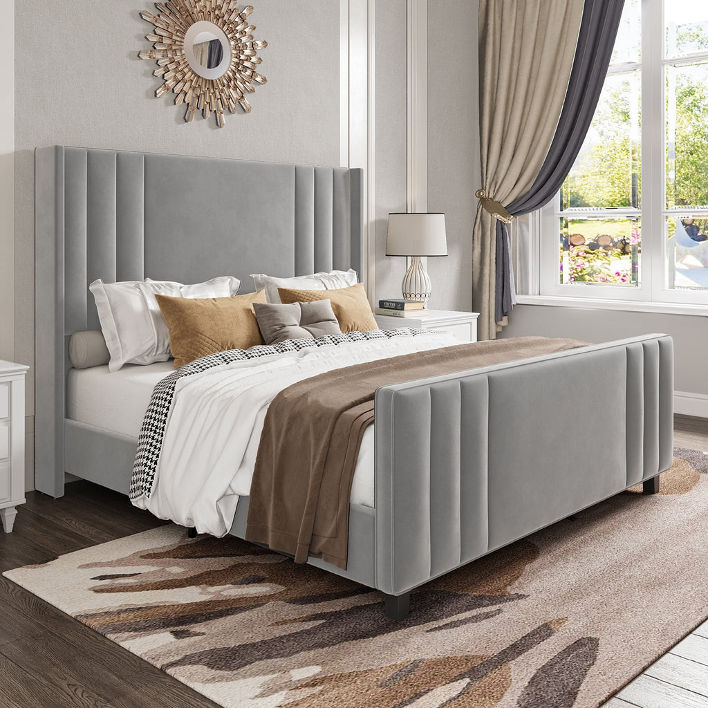 Queen Platform Bed Frame with Vertical Channel, Cream E34464