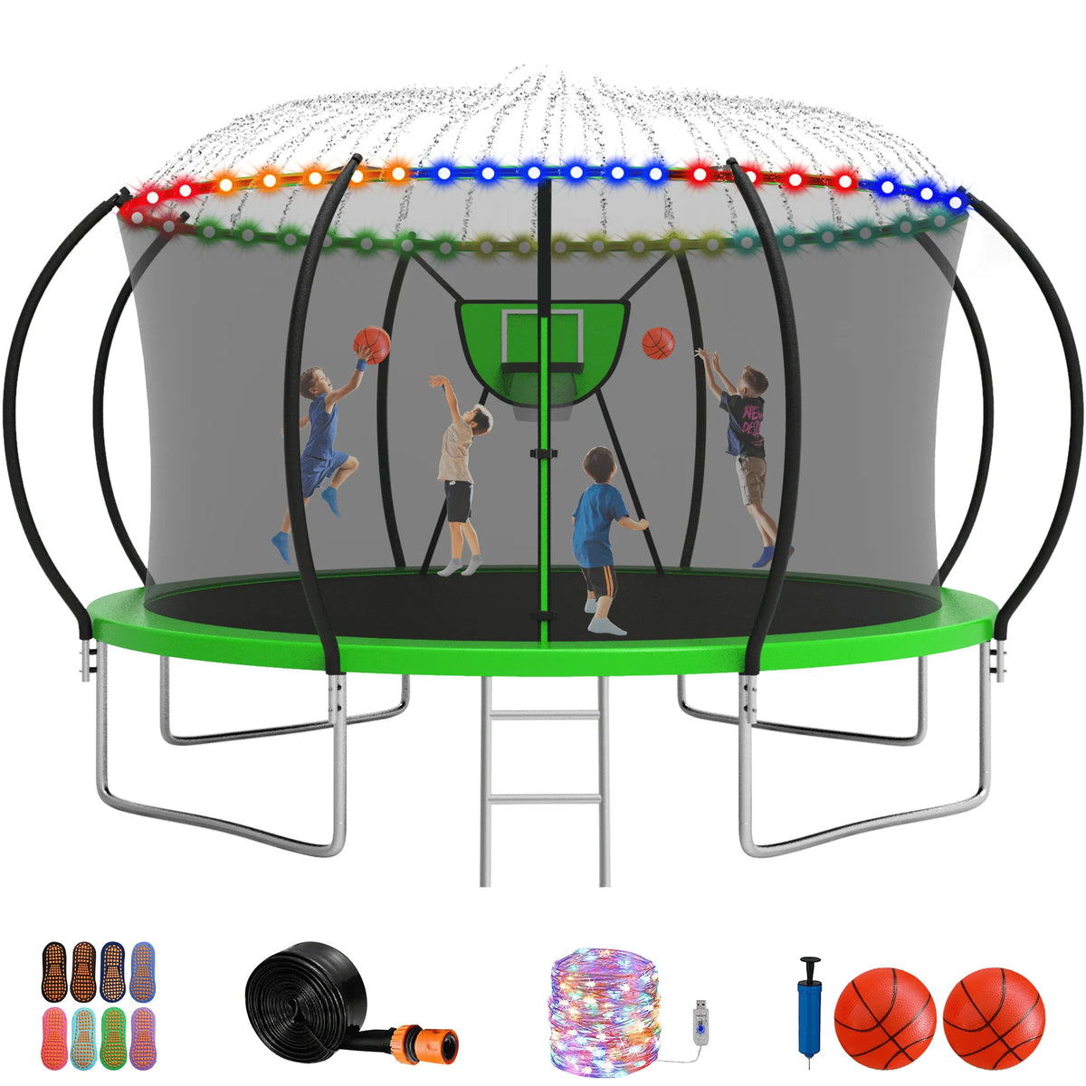 12FT 14FT Trampoline with Enclosure, Basketball Hoop, LED Light and Sprinkler L690