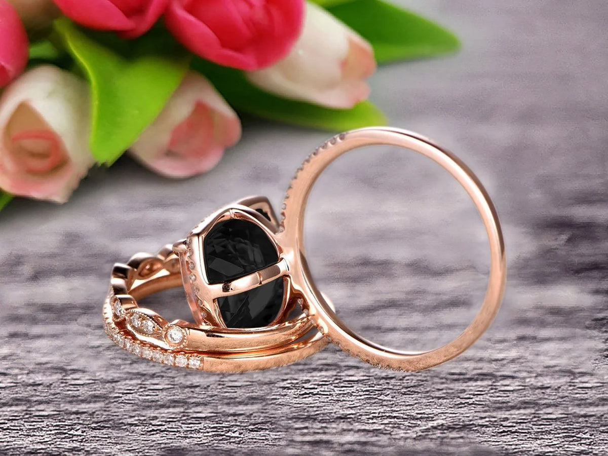 3 Carat Cushion Cut Black Diamond Moissanite Trio Set Ring On 10k Rose Gold K24820