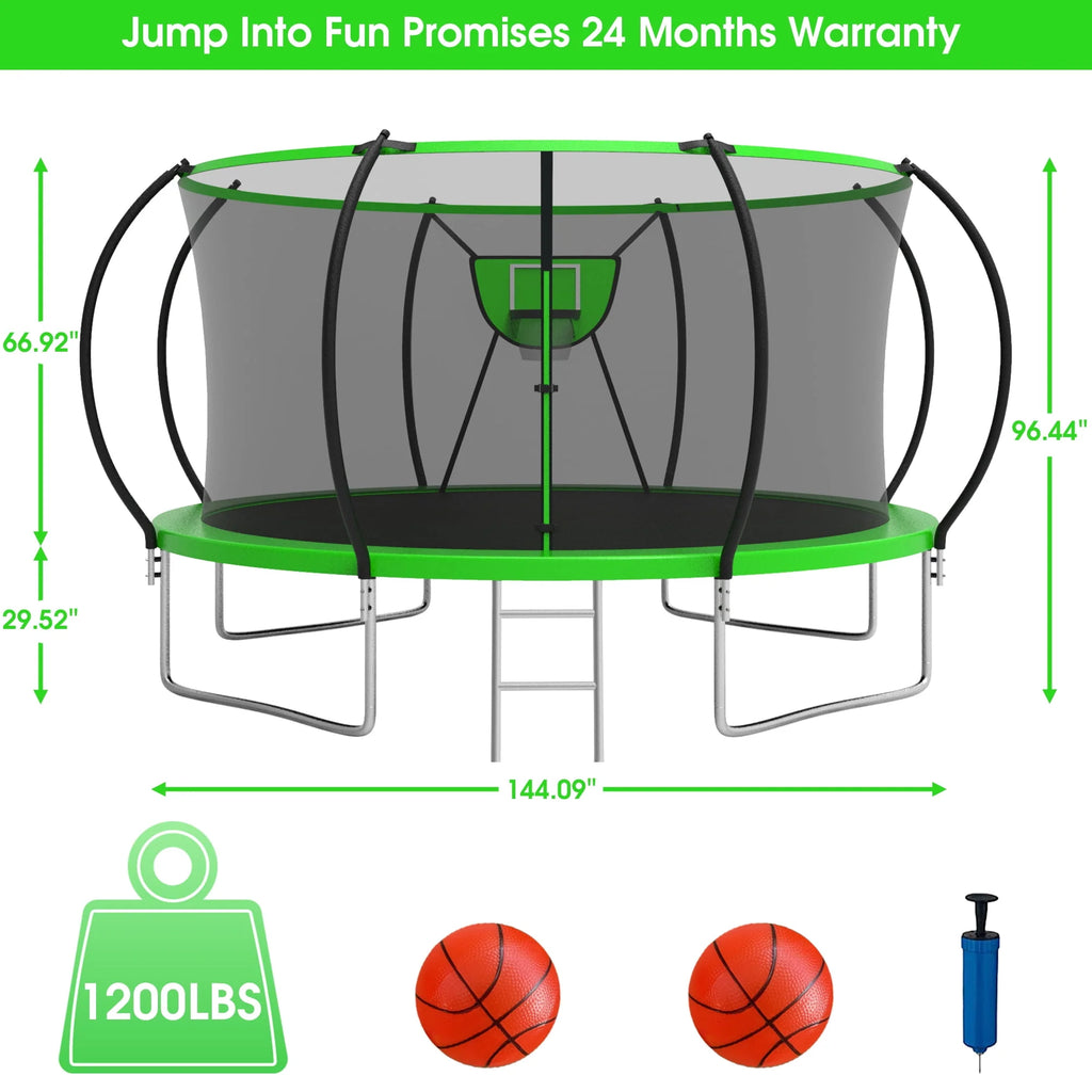 12FT 14FT Trampoline with Enclosure, Basketball Hoop, LED Light and Sprinkler L690