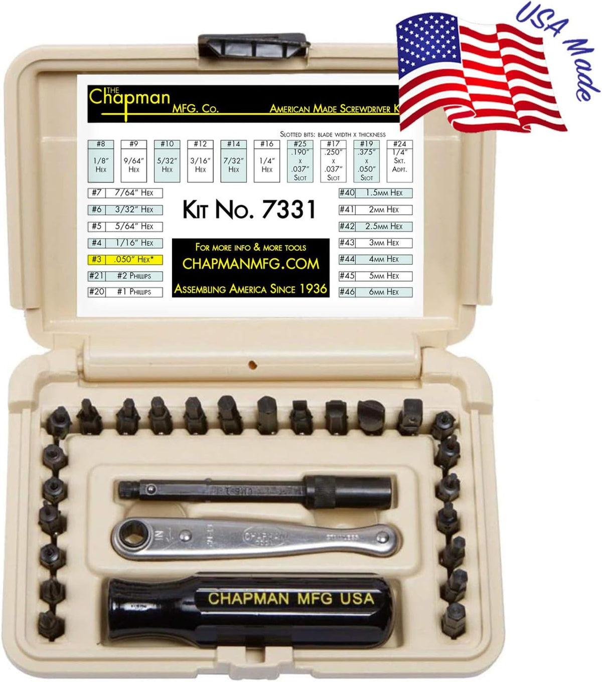 24 USA Made Insert Bits Screwdriver Set with Mini Ratchet Hand Tool J8447